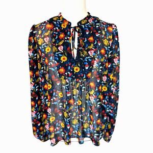 Zara Sheer Top Quilted Neckline Floral Blouse Small Preppy Twee Academia